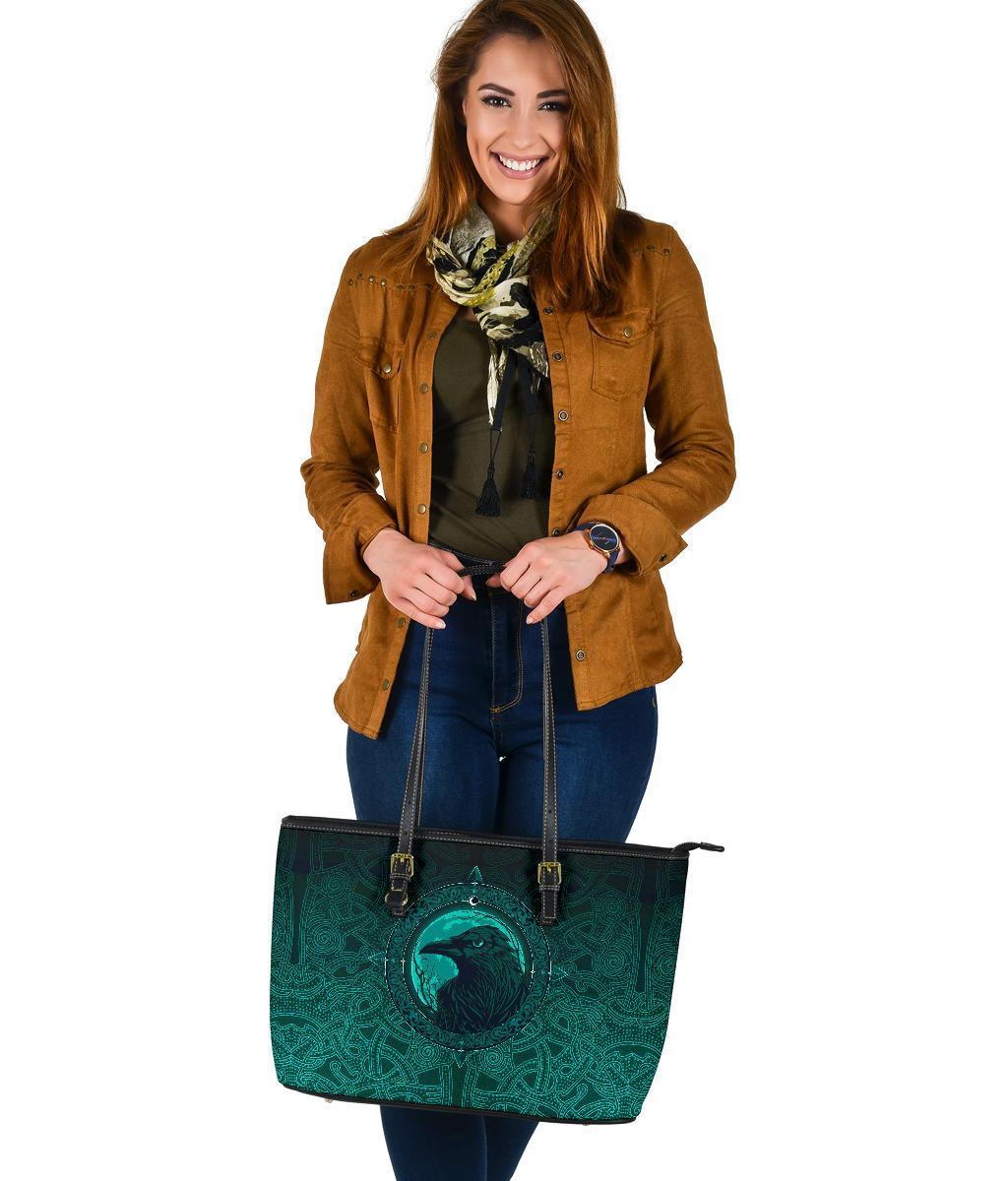 Viking Large Leather Tote Bag, Ethnic Odin Raven Cyan RLT12