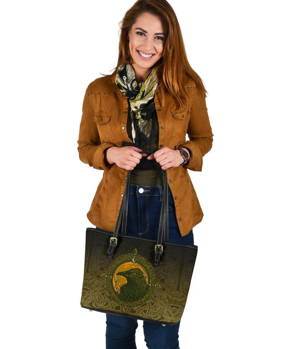 Viking Small Leather Tote Bag, Ethnic Odin Raven Gold RLT12