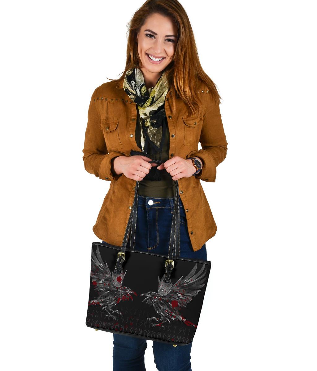Viking Small Leather Tote Bag - Odin Huginn and Muninn Rune Blood RLT12