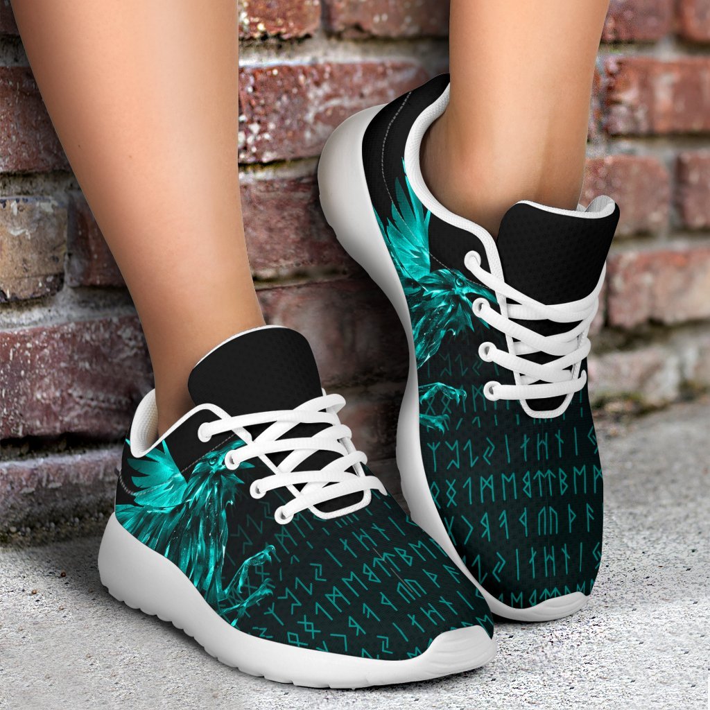 Viking Sporty Sneakers - The Raven Of Odin Rune Cyan RLT12