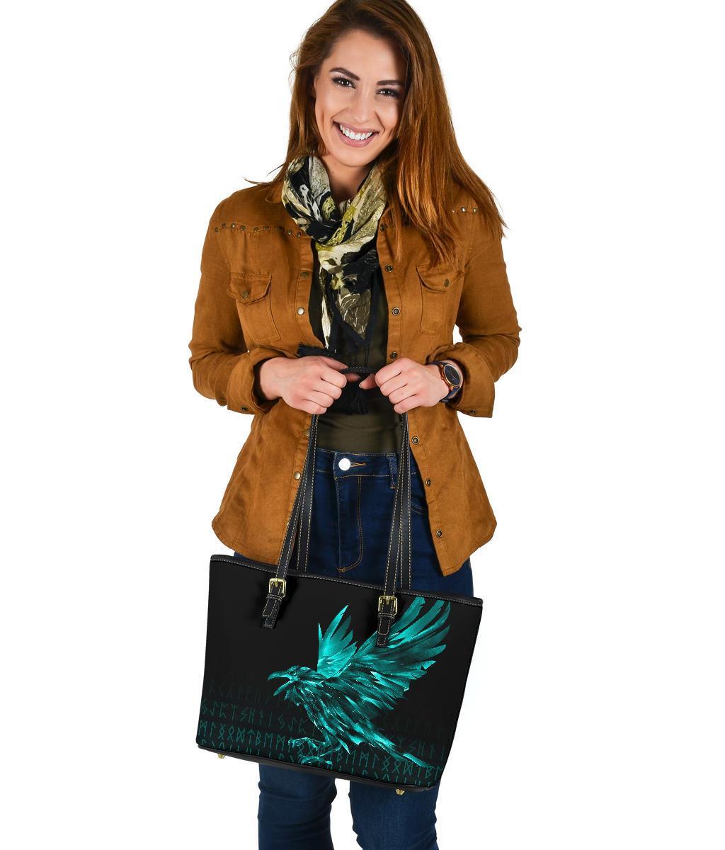 Viking Small Leather Tote Bag - The Raven Of Odin Rune Cyan RLT12