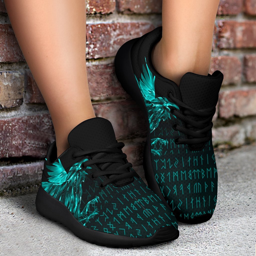 Viking Sporty Sneakers - The Raven Of Odin Rune Cyan RLT12