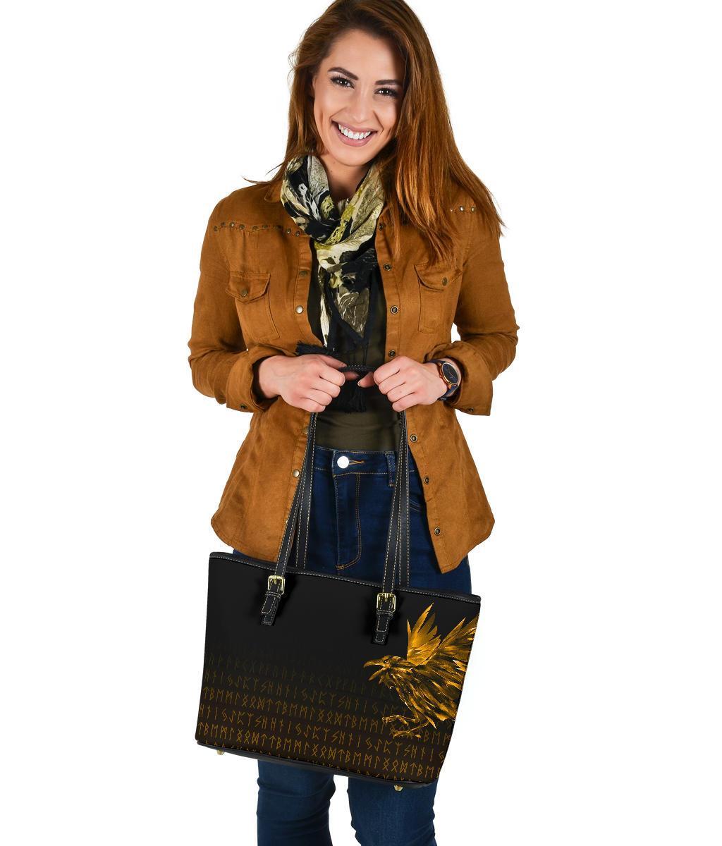 Viking Small Leather Tote Bag - The Raven Of Odin Rune, Gold RLT12