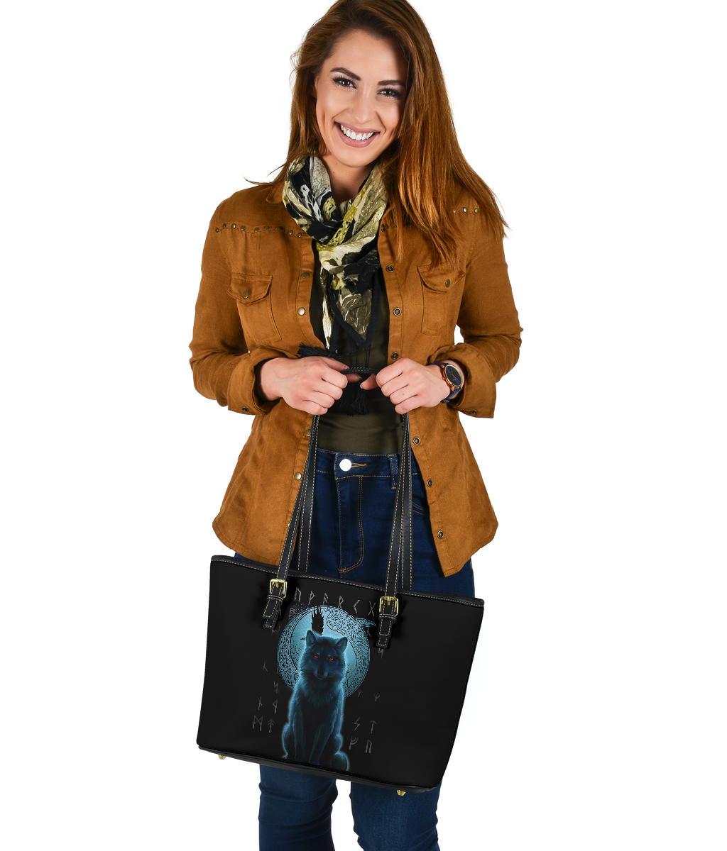 Viking Small Leather Tote Bag, Fenrir Viking Wolf and Moon RLT12