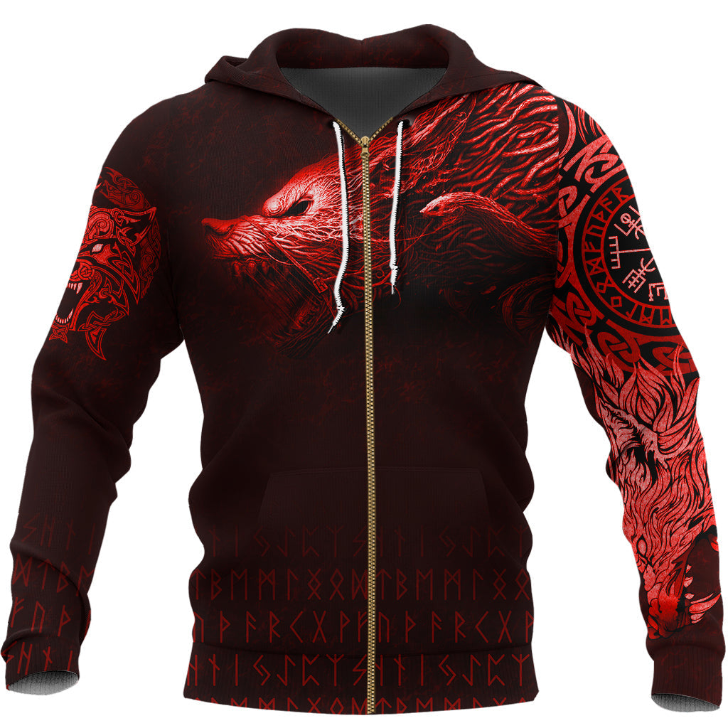 Viking Zip Hoodie - Fenrir Wolf Red RLT12