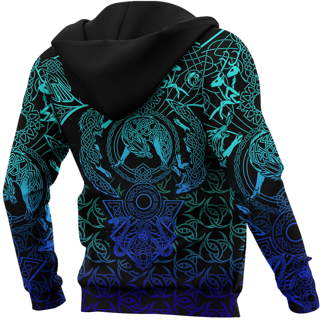 Viking Zip Hoodie - Hati and Skoll Tattoo Cyan RLT12