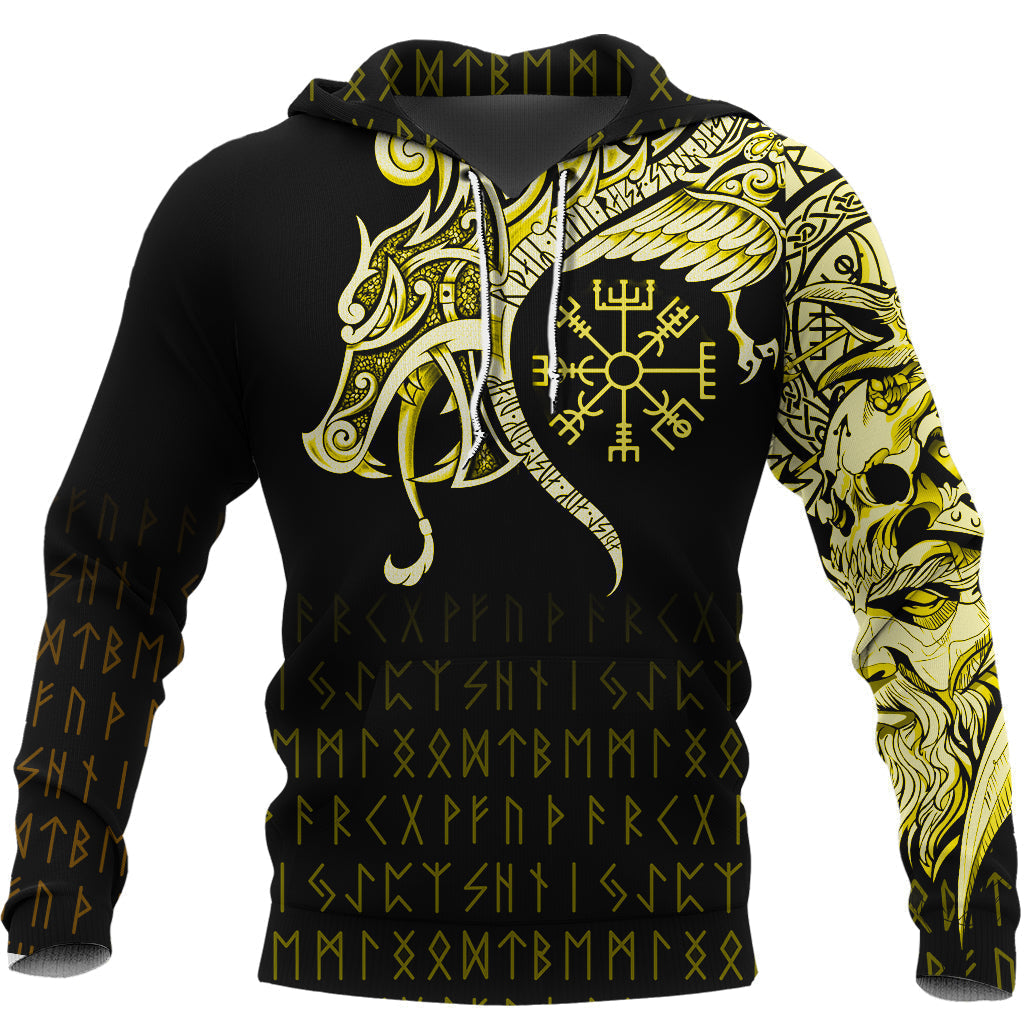 Viking Hoodie, Fenrir Raven and Vegvisir Tattoo Yellow RLT12