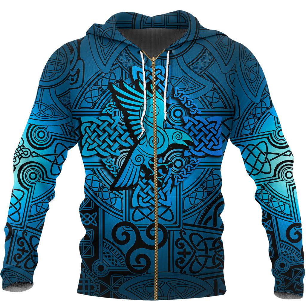 Viking Zip Hoodie - Raven Odin Celtic Cyan RLT12
