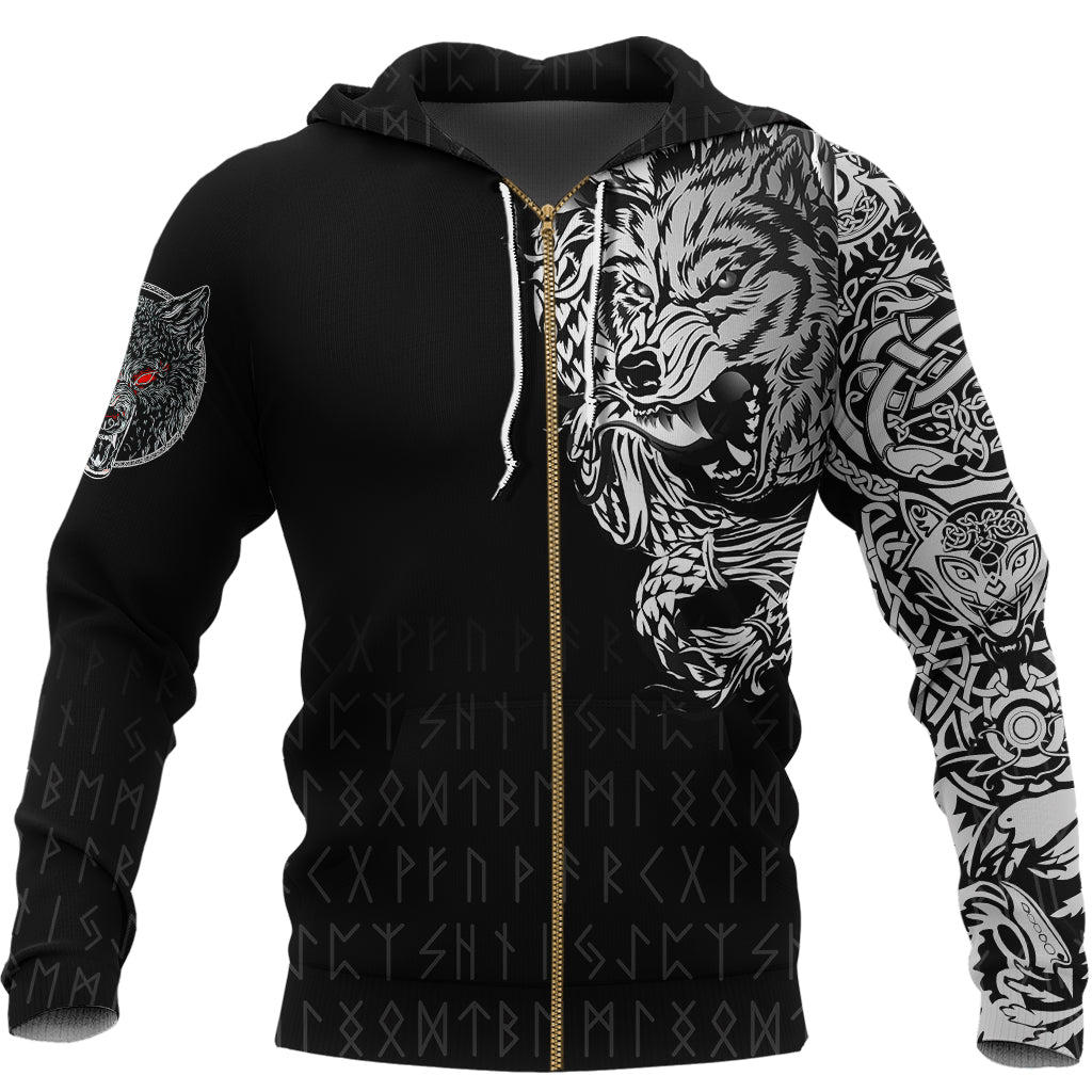 Viking Zip Hoodie - Dark Norse Wolf Tattoo RLT12