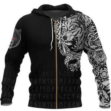 Viking Zip Hoodie - Dark Norse Wolf Tattoo RLT12