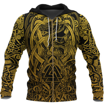 Viking Zip Hoodie - Valknut and Dragon Tattoo Golden RLT12