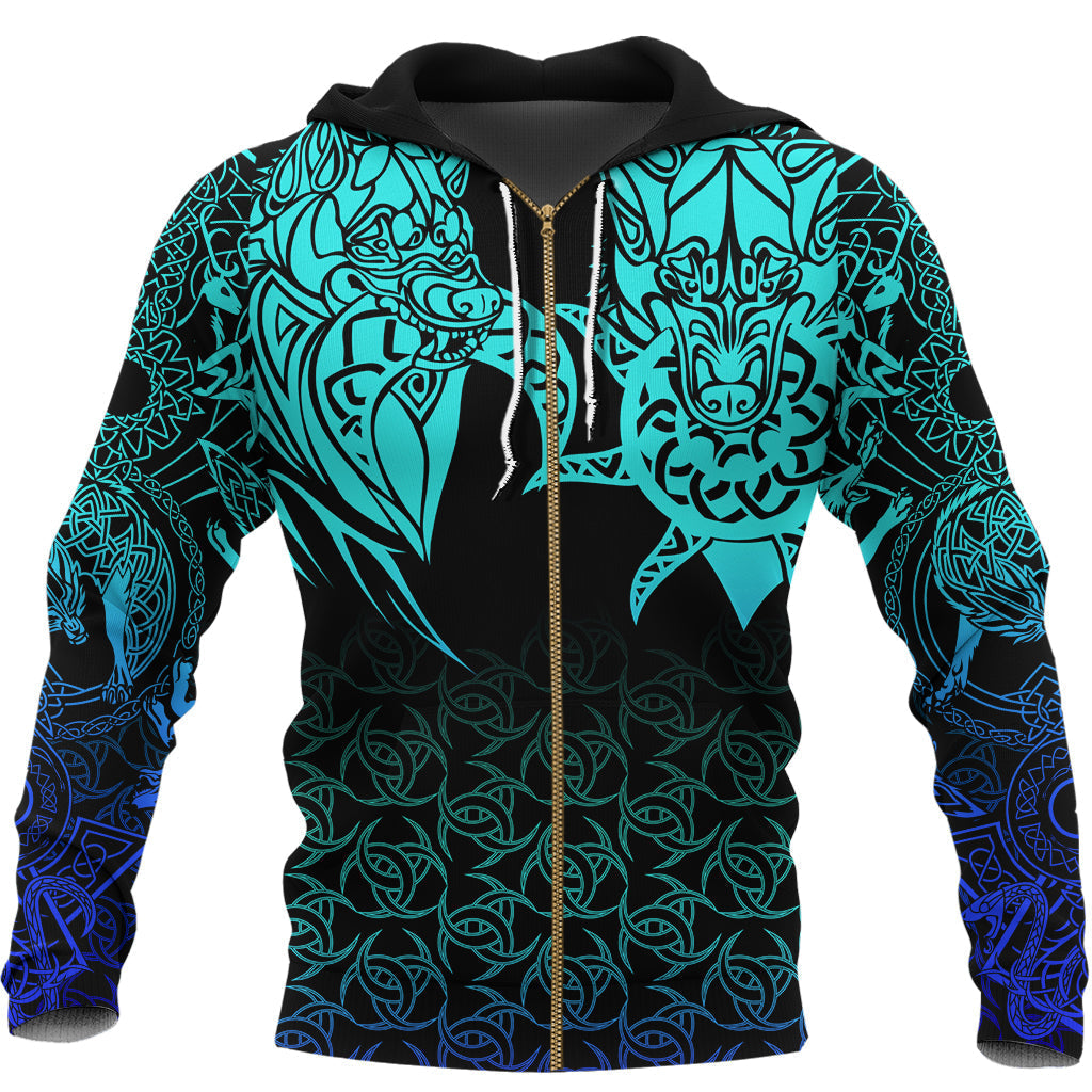 Viking Zip Hoodie - Hati and Skoll Tattoo Cyan RLT12