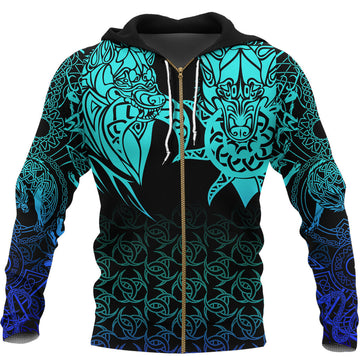 Viking Zip Hoodie - Hati and Skoll Tattoo Cyan RLT12