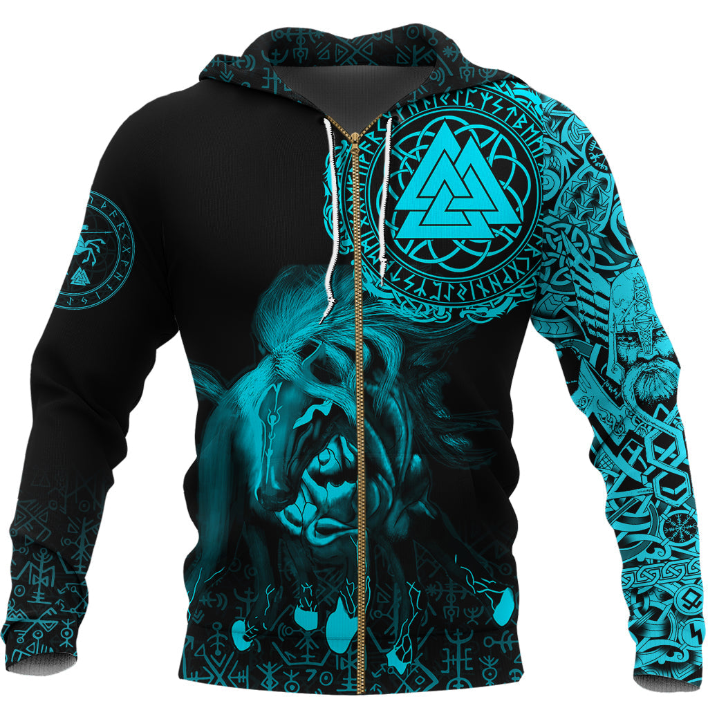 Viking Zip Hoodie - Sleipnir Odin Cyan RLT12