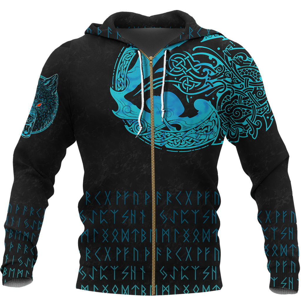 Viking Zip Hoodie - Fenrir Wolf Cyan RLT12