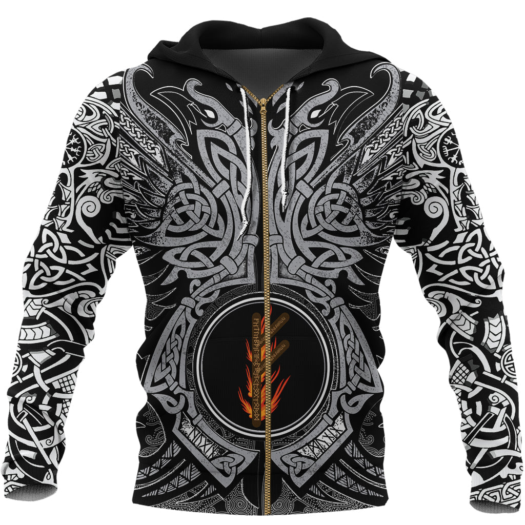 Viking Zip Hoodie - Fehu Rune, Raven Tattoo RLT12