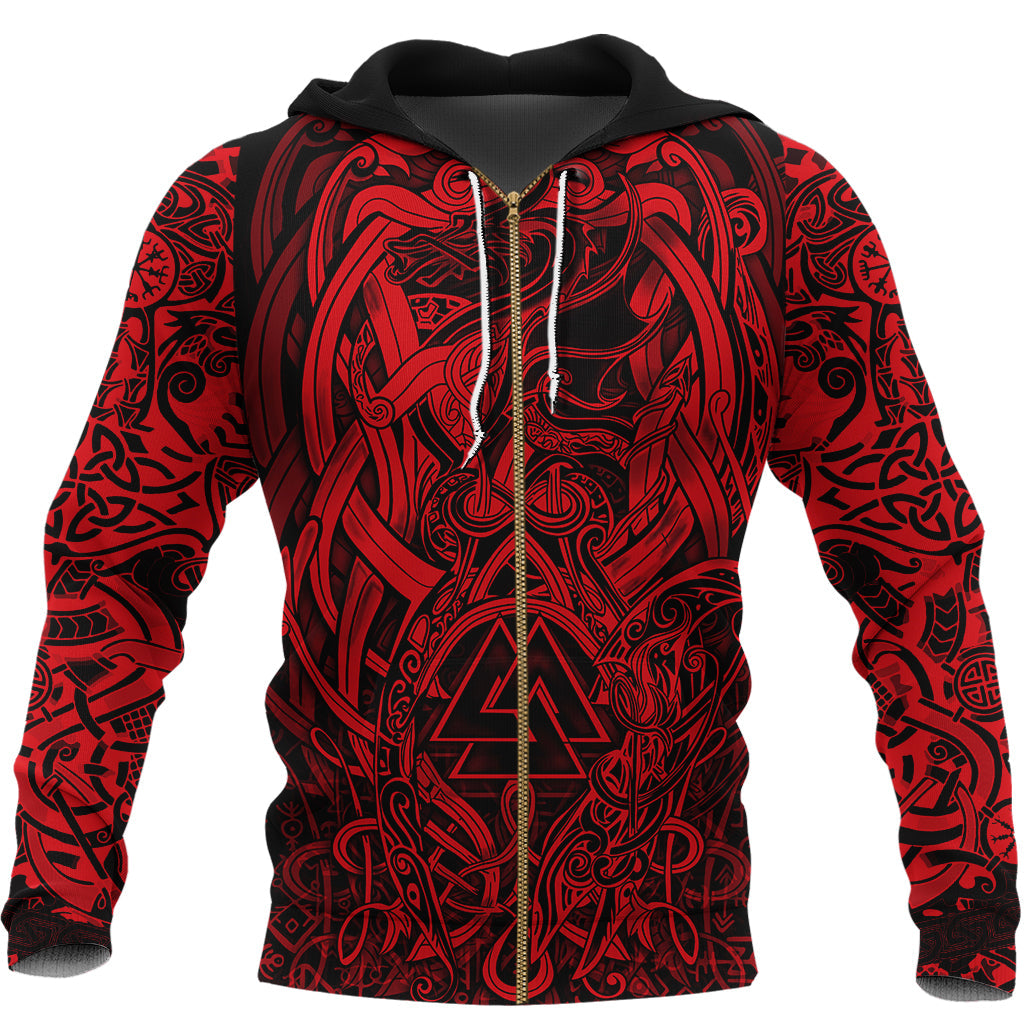 Viking Zip Hoodie - Valknut and Dragon Tattoo Red RLT12