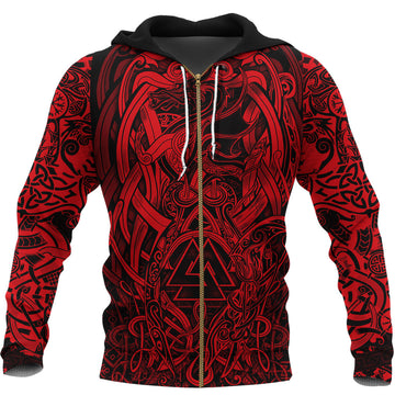 Viking Zip Hoodie - Valknut and Dragon Tattoo Red RLT12
