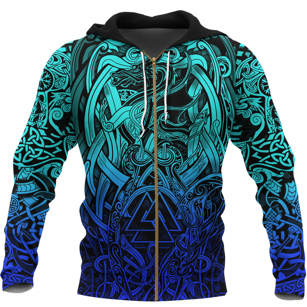 Viking Zip Hoodie - Valknut and Dragon Tattoo Special Blue RLT12