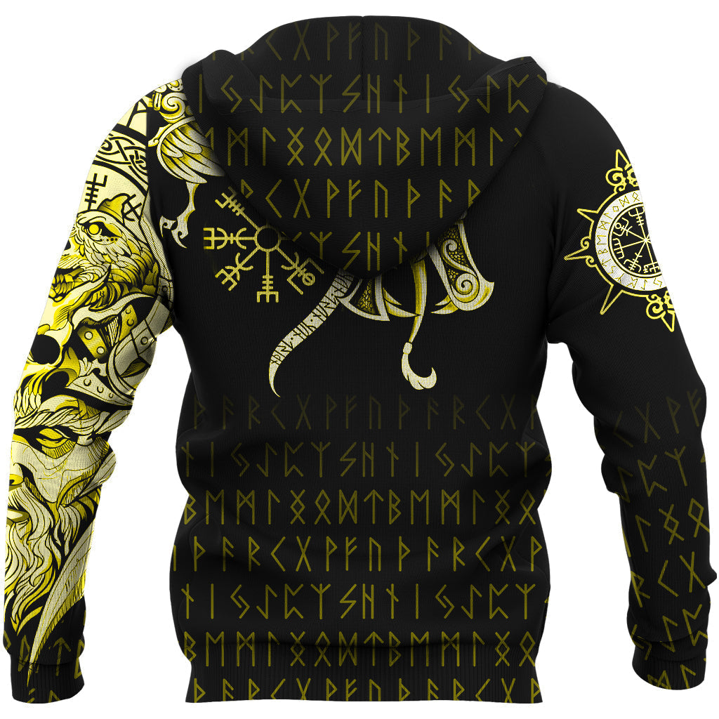 Viking Hoodie, Fenrir Raven and Vegvisir Tattoo Yellow RLT12