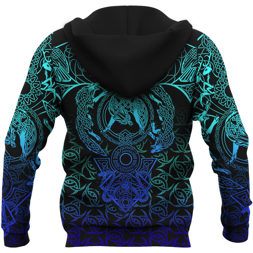 Viking Zip Hoodie - Hati and Skoll Tattoo Cyan RLT12