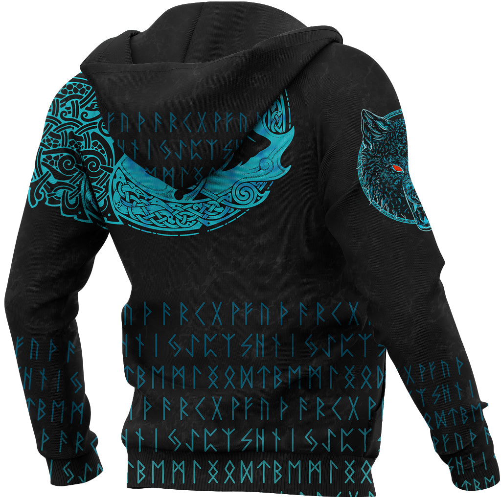 Viking Zip Hoodie - Fenrir Wolf Cyan RLT12