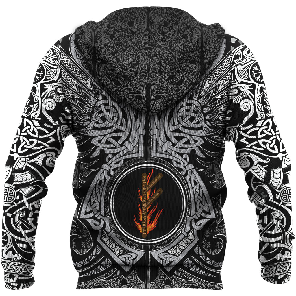 Viking Zip Hoodie - Fehu Rune, Raven Tattoo RLT12