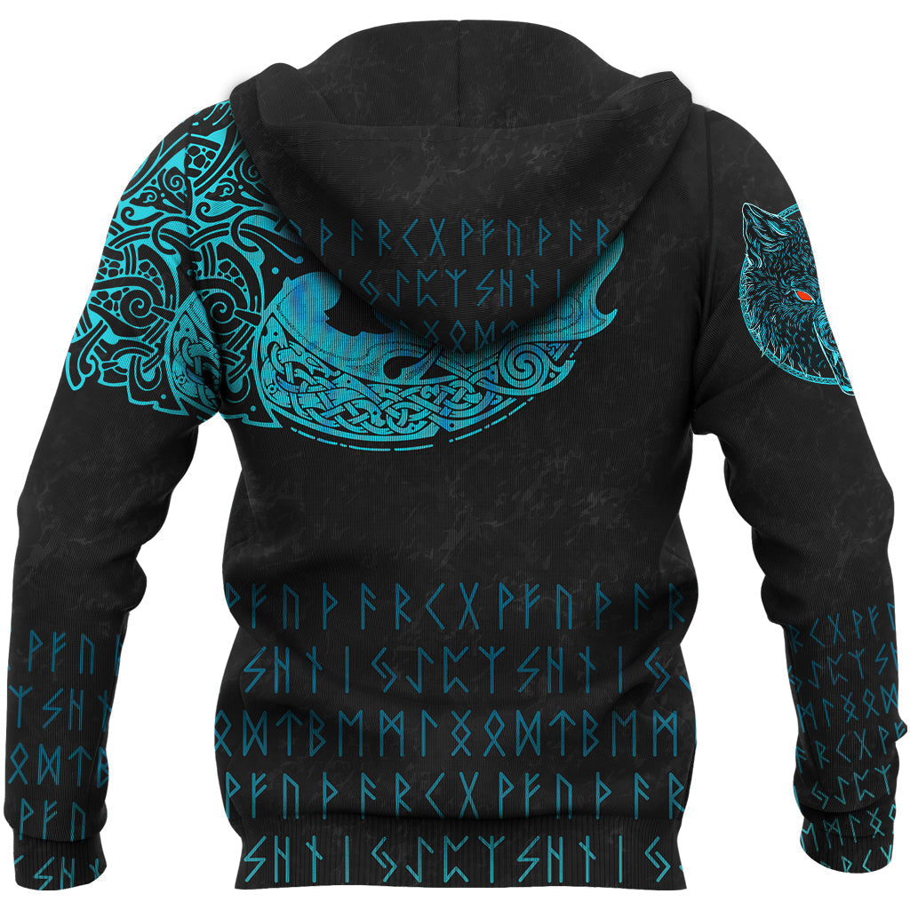 Viking Zip Hoodie - Fenrir Wolf Cyan RLT12