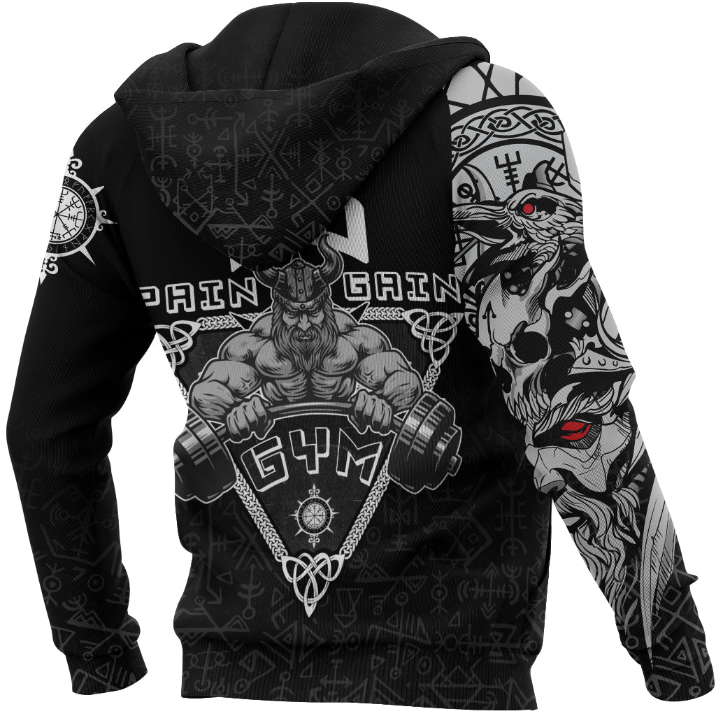 Viking Zip Hoodie - Viking Gym Vegvisir Style "No Pain No Gain" RLT12