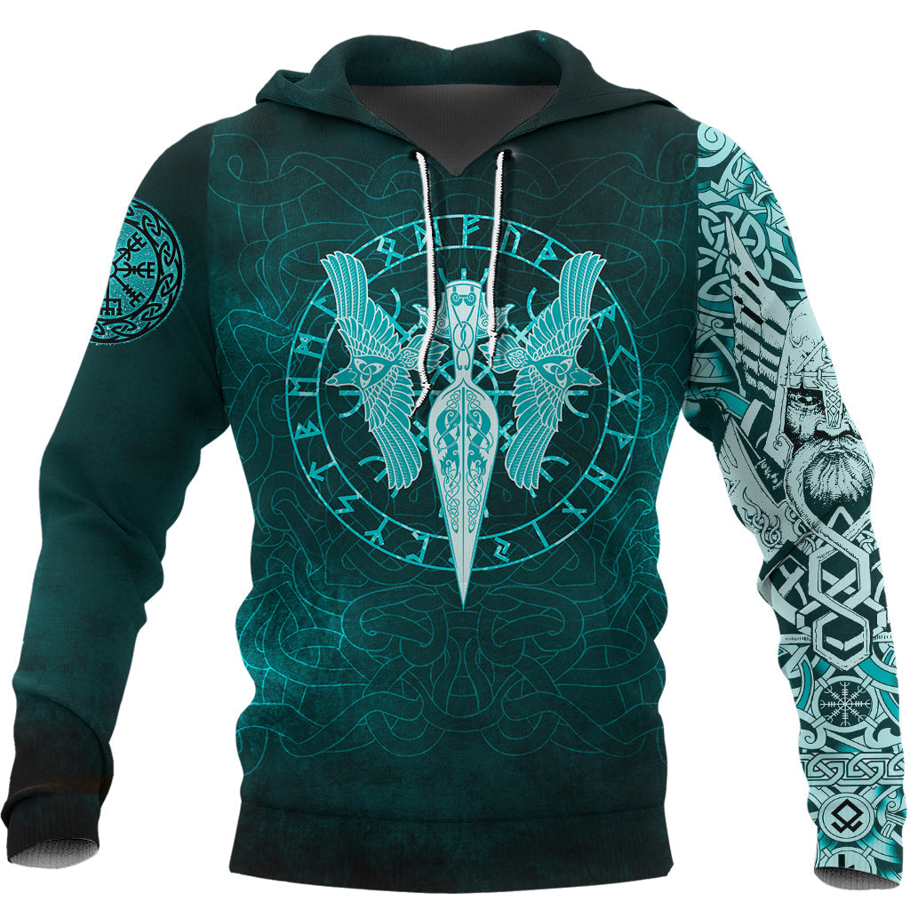 Viking Hoodie Cyan Spear Of The God Odin Gungnir and Two Cyan Ravens Style RLT12