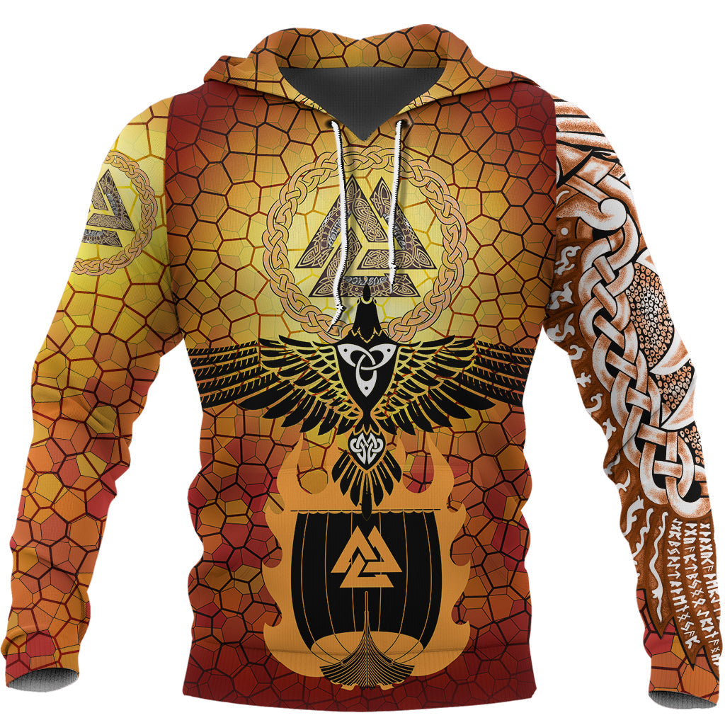 Viking Hoodie Raven Of Odin and Drakkar On Fire On Vignette Gold Valknut RLT12