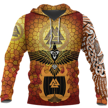 Viking Hoodie Raven Of Odin and Drakkar On Fire On Vignette Gold Valknut RLT12