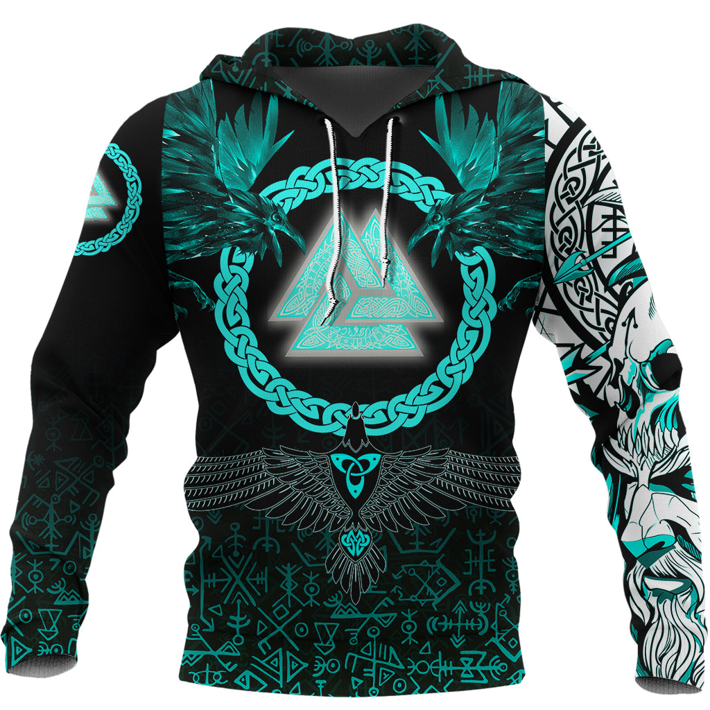 Viking Hoodie Three Raven and Valknut Cyan RLT12