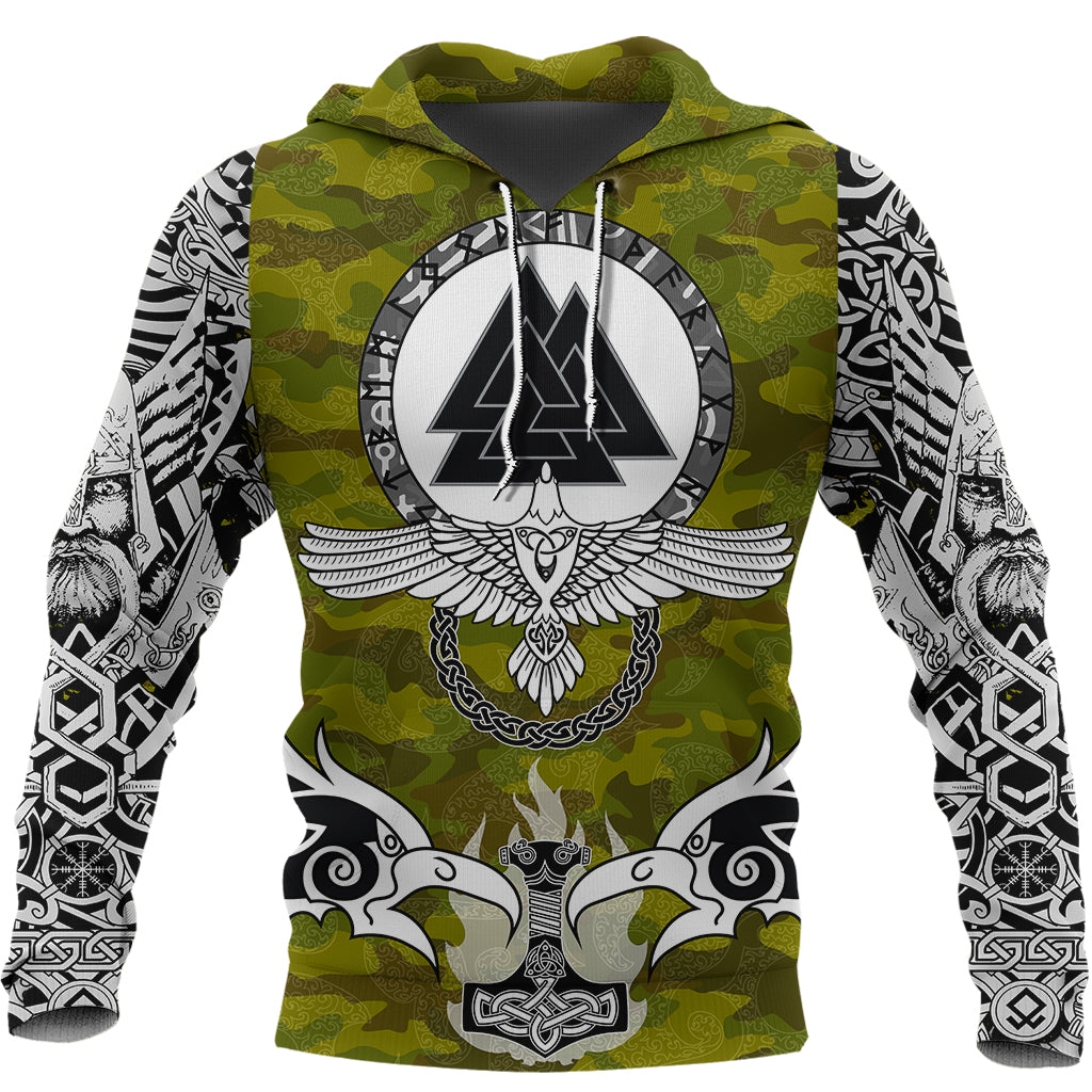 Viking Hoodie Raven Of Odin and Symbol Viking On Camo Background RLT12