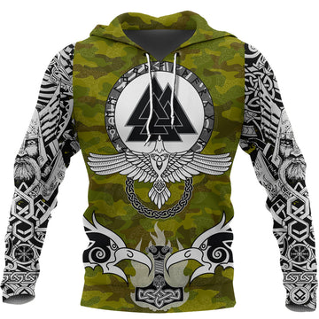 Viking Hoodie Raven Of Odin and Symbol Viking On Camo Background RLT12