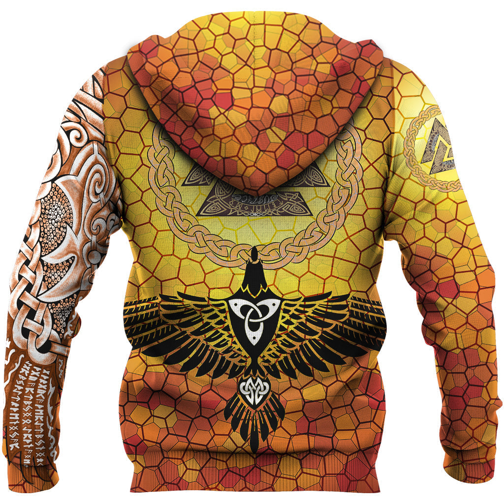 Viking Zip Hoodie - Raven Of Odin and Drakkar On Fire On Vignette Gold Valknut RLT12