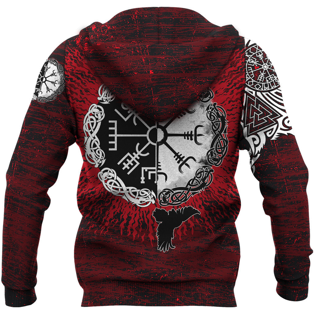 Viking Zip Hoodie Raven Of Odin and Symbol Viking On Blood Background RLT12