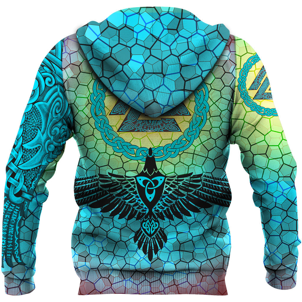 Viking Zip Hoodie - Raven Of Odin and Drakkar On Fire On Vignette Cyan Valknut RLT12