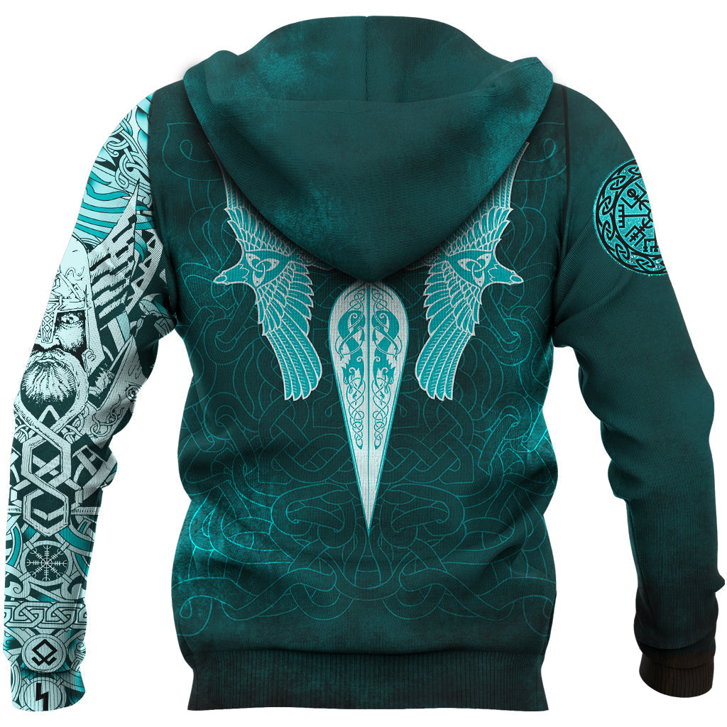 Viking Zip Hoodie - Cyan Spear Of The God Odin - Gungnir and Two Cyan Ravens Style RLT12