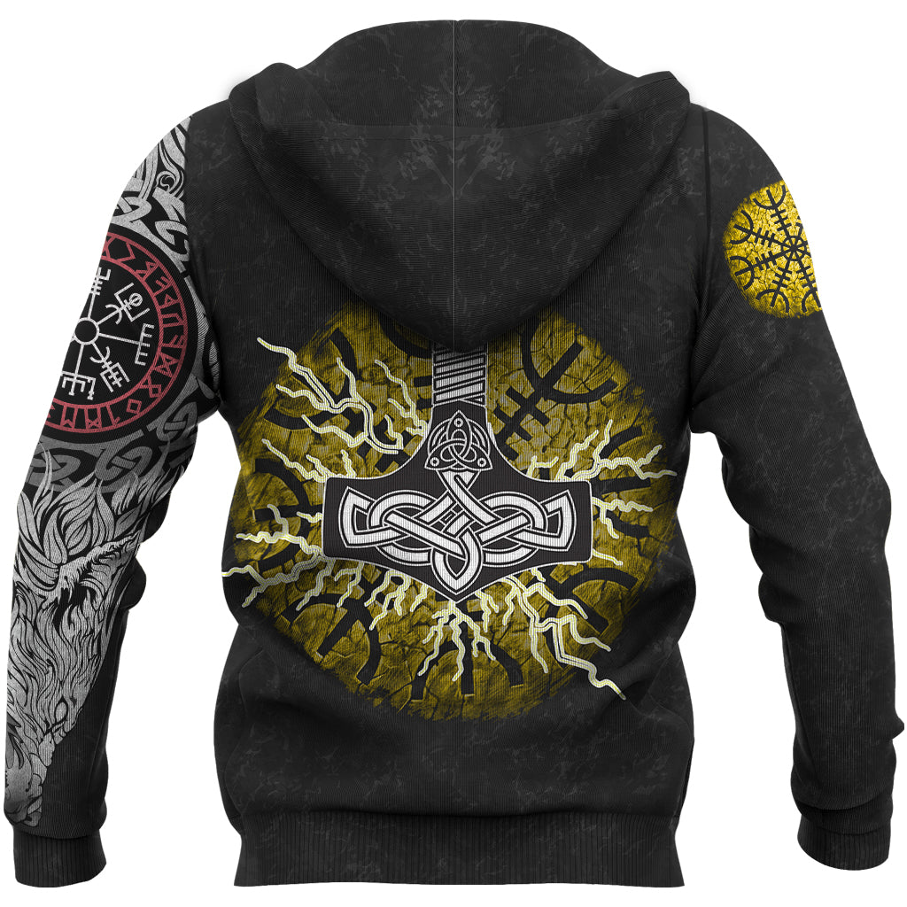 Viking Zip Hoodie - Fenrir Fight Mjolnir Of Thor On Helm Of Awe RLT12