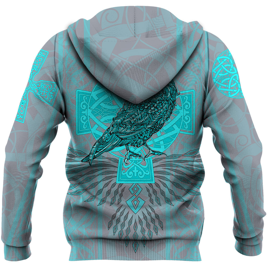 Viking Zip Hoodie Odins Celtic Raven - Scandinavian Tattoo Style Cyan RLT12