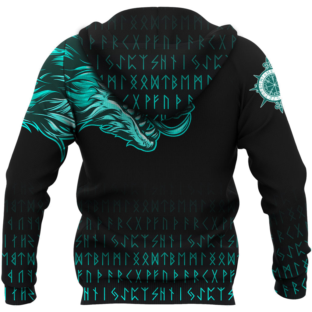 Viking Zip Hoodie Fenrir Wolf Cyan Near Shoulder RLT12