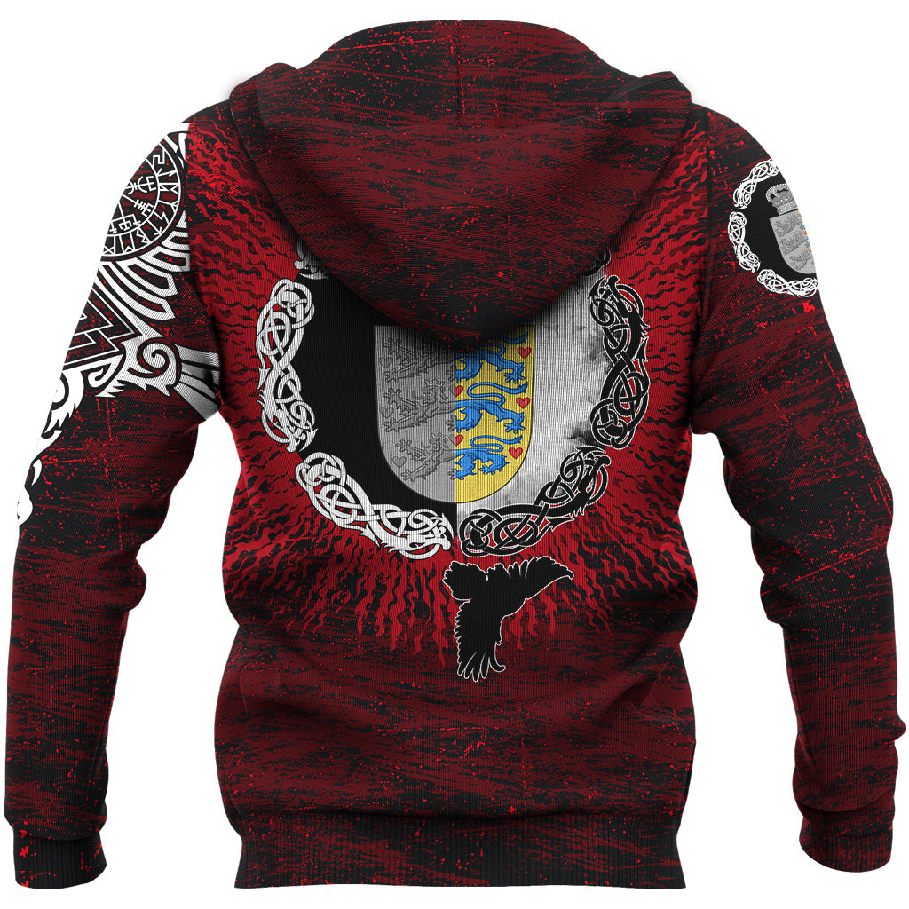 Viking Zip Hoodie - Denmark Raven Of Odin and Symbol Viking On Blood Background RLT12