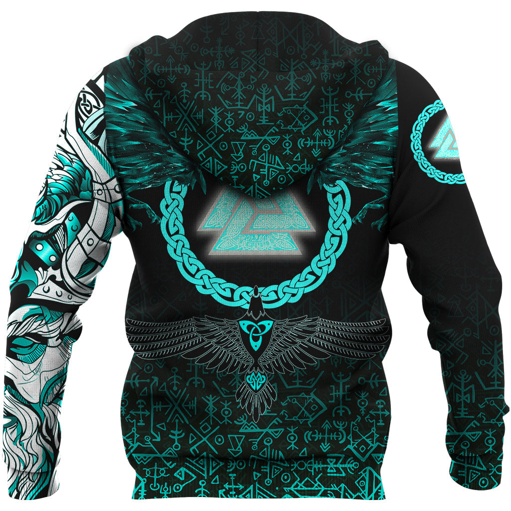 Viking Zip Hoodie Three Raven and Valknut Cyan RLT12