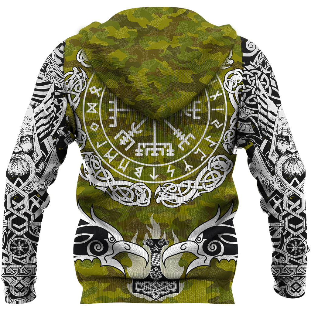 Viking Zip Hoodie Raven Of Odin and Symbol Viking On Camo Background RLT12