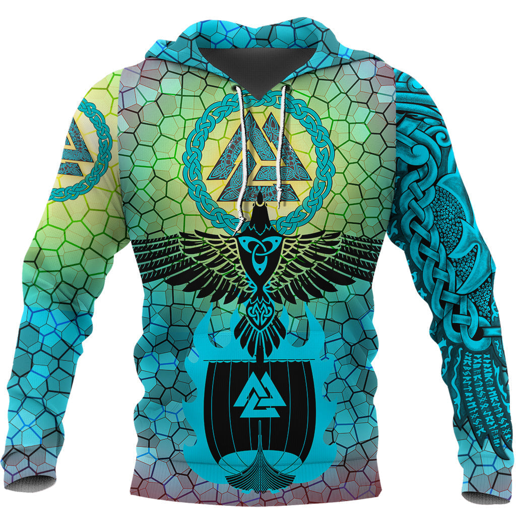 Viking Hoodie Raven Of Odin and Drakkar On Fire On Vignette Cyan Valknut RLT12
