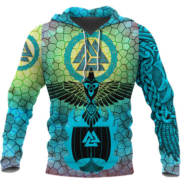 Viking Hoodie Raven Of Odin and Drakkar On Fire On Vignette Cyan Valknut RLT12