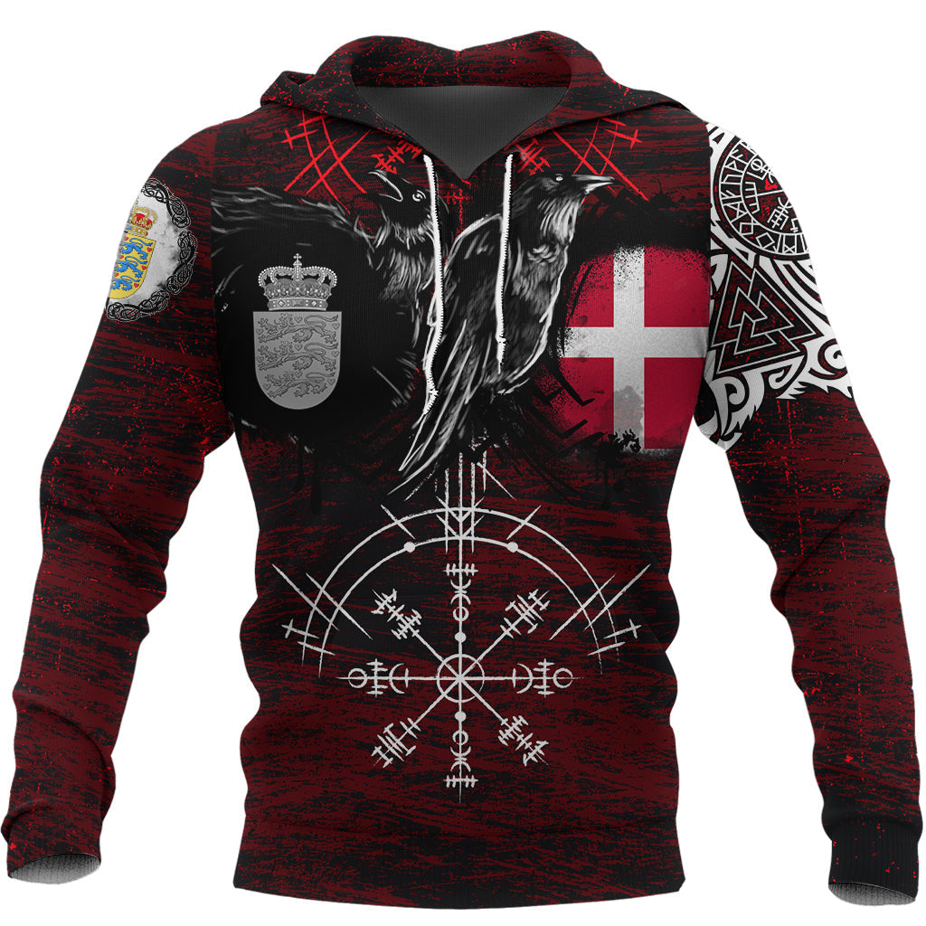 Viking Hoodie Denmark Raven Of Odin and Symbol Viking On Blood Background RLT12