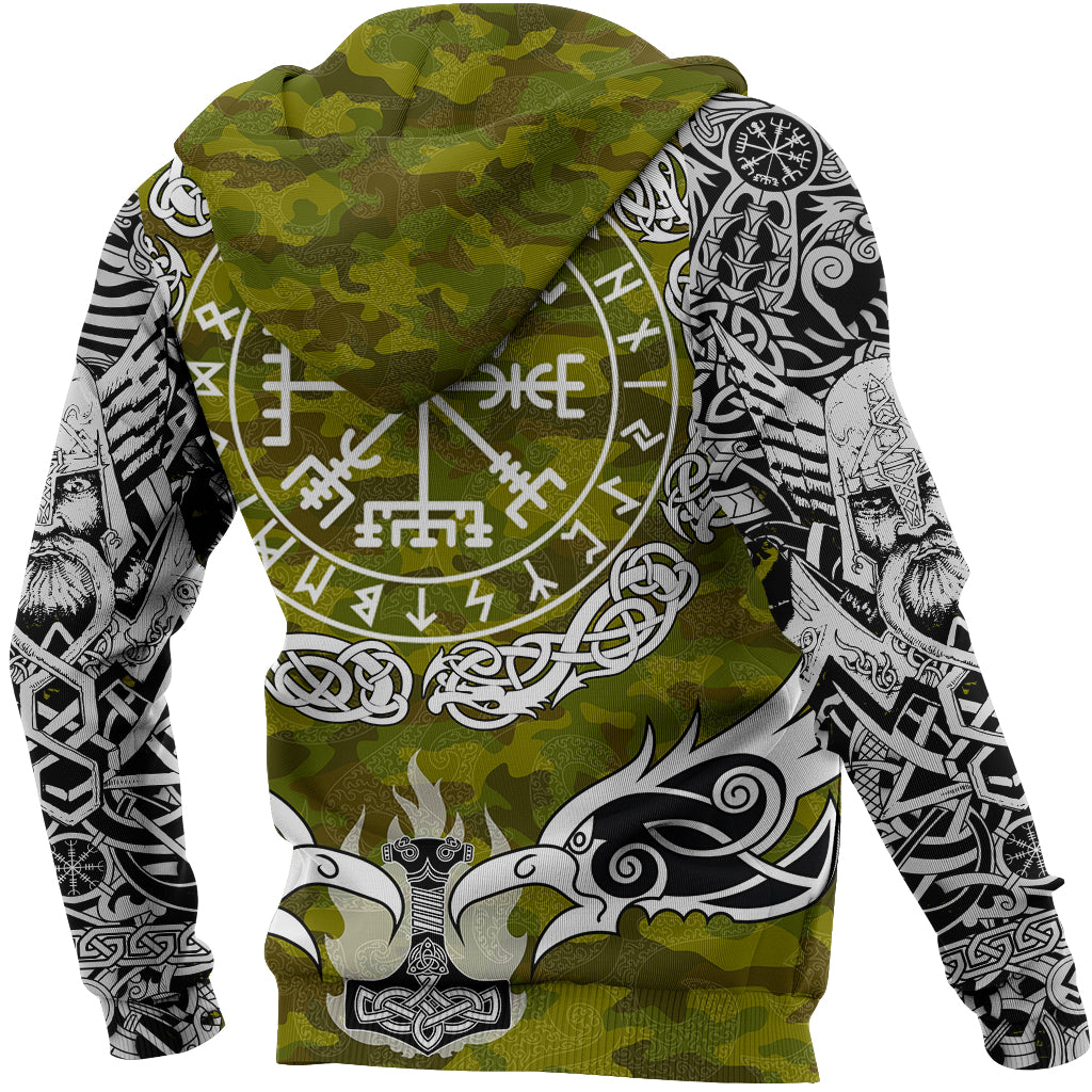 Viking Zip Hoodie Raven Of Odin and Symbol Viking On Camo Background RLT12