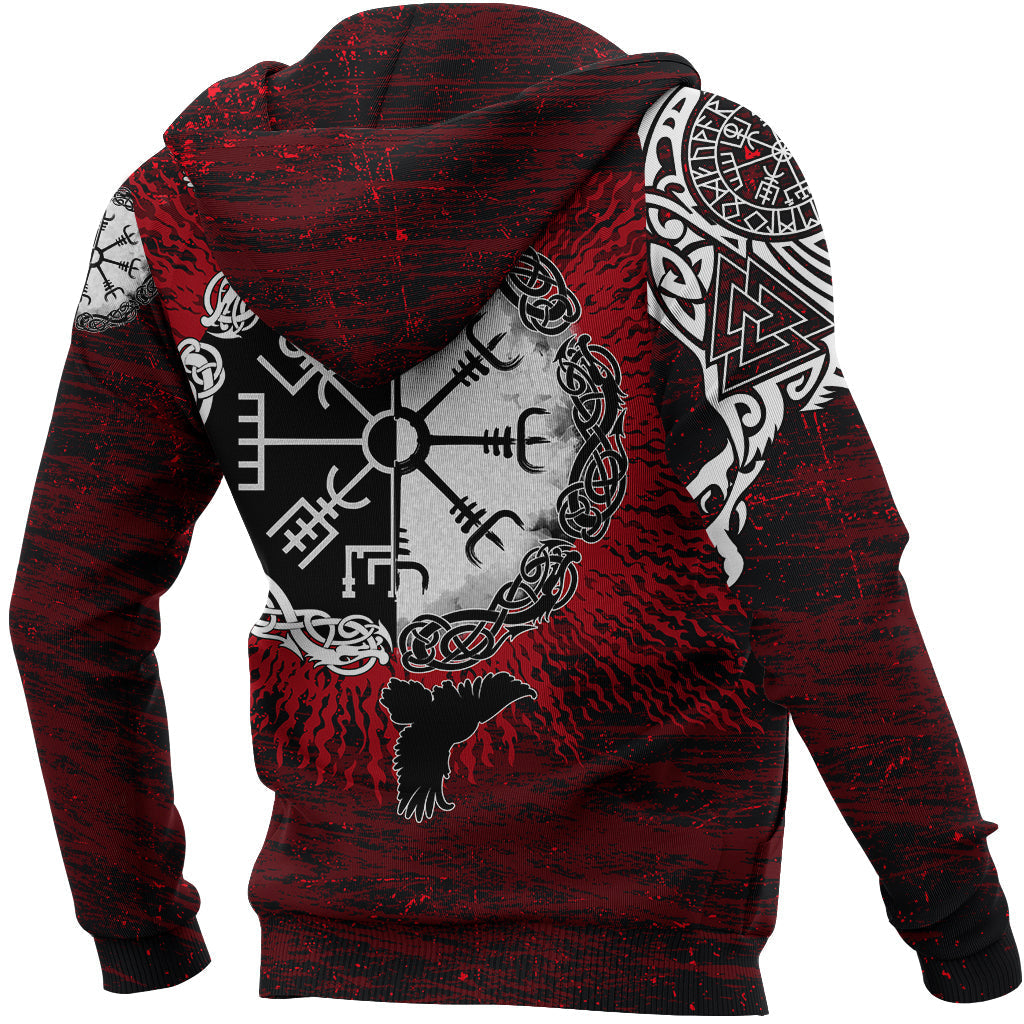 Viking Zip Hoodie Raven Of Odin and Symbol Viking On Blood Background RLT12